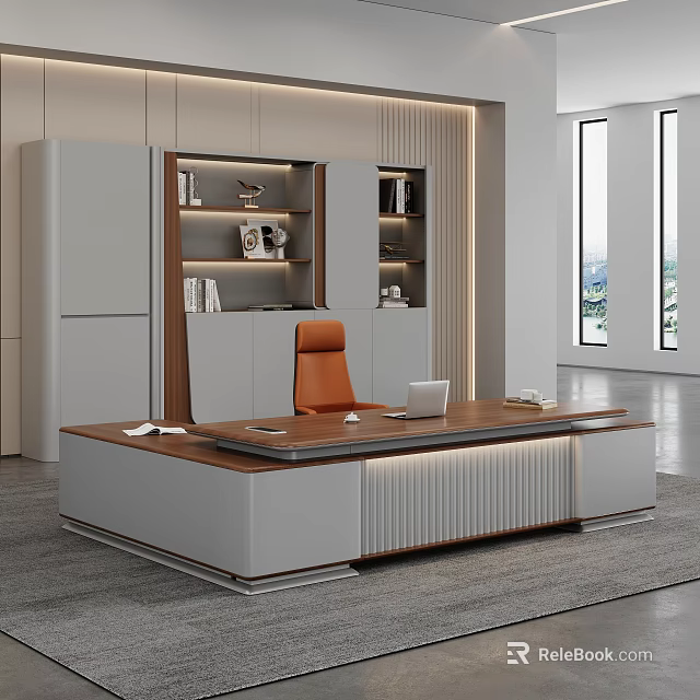 High End Modern Executive Office Desk With Leather Chair And Matching Illuminated Background Storage Cabinet 3d model 