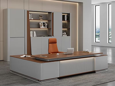 High End Modern Executive Office Desk With Leather Chair And Matching Illuminated Background Storage Cabinet 3d model