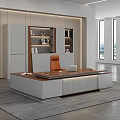 High End Modern Executive Office Desk With Leather Chair And Matching Illuminated Background Storage Cabinet