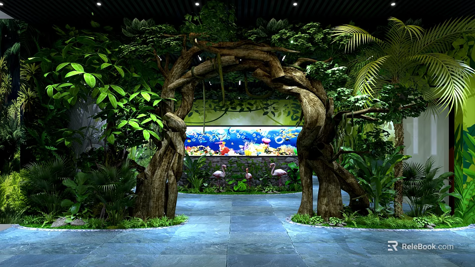 Lush Green Plant Decor With Tree Branch Archway And Large Aquarium Featuring Colorful Fish 3d model 