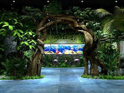 Lush Green Plant Decor With Tree Branch Archway And Large Aquarium Featuring Colorful Fish 3d model