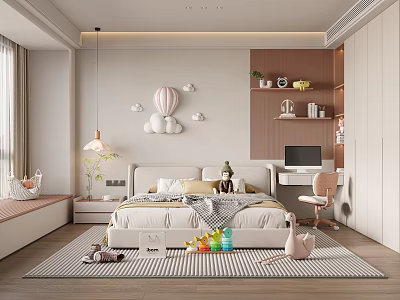 Kids Room Interior With Bed Desk Chair Toys And Hot Air Balloon Decorations 3d model