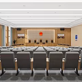 Spacious Courtroom Interior Featuring Rows of Seats Two Desks with Computers and Back Wall Emblem
