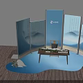 Traditional Chinese Tea Table Setup With Blue Screens Calligraphy And Mountain Patterns 3d model
