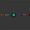 Gray Background With Blue Cauldron Green Liquid Balance Scale Gems And Colorful Icons With Reflections