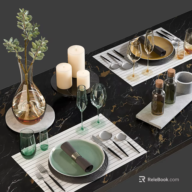 Elegant Tableware Set On Marble Tabletop With Green Plants Candles And Wine Glasses 3d model 
