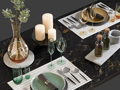 Elegant Tableware Set On Marble Tabletop With Green Plants Candles And Wine Glasses 3d model