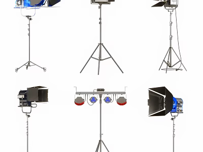 Different Types of Studio Lighting Equipment With Tripod Stands Softboxes And Colored Lights 3d model