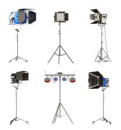 Different Types of Studio Lighting Equipment With Tripod Stands Softboxes And Colored Lights 3d model