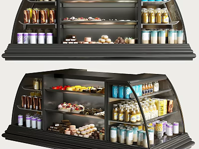 Retail Display Case With Assorted Desserts Bottled Drinks And Canned Goods In Confectionery Shop 3d model