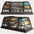 Retail Display Case With Assorted Desserts Bottled Drinks And Canned Goods In Confectionery Shop