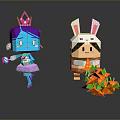 Purple Haired Character with Pink Crown and Rabbit Ear Headband Character near Carrot Shapes
