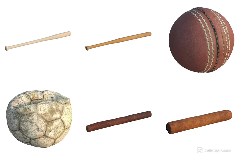 Assorted Items Including Wooden Sticks Cricket Ball Soccer Ball And Cigars 3d model 