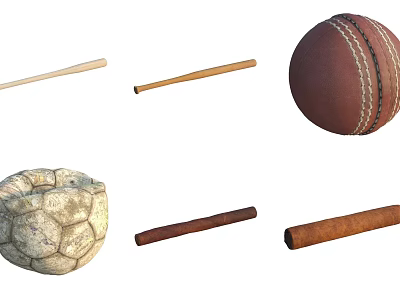 Assorted Items Including Wooden Sticks Cricket Ball Soccer Ball And Cigars 3d model