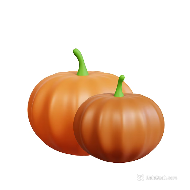 Fresh Orange Pumpkins With Green Stems Two Large And Small Ripe Food 3d model 