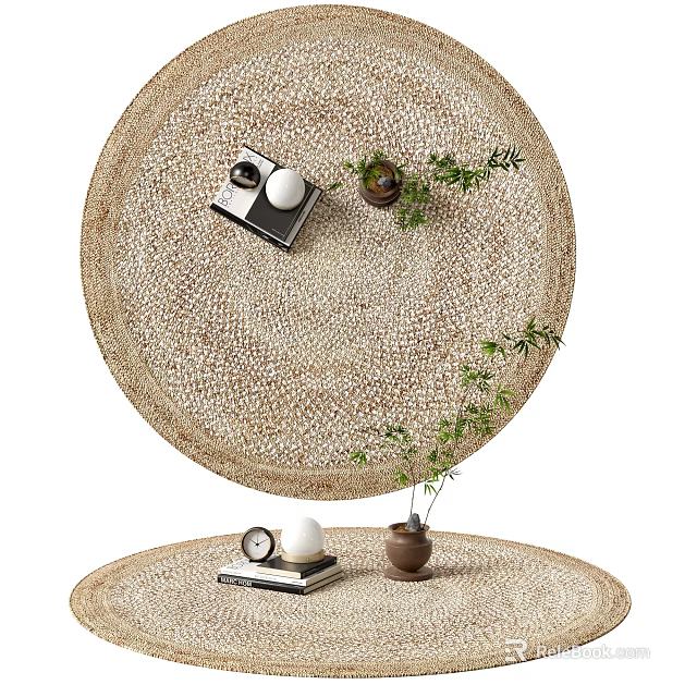 Stylish Round Braided Rugs With Decor Items Like Books Plants 3d model 