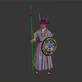 Ancient Warrior in Traditional Blue Robe Feathered Hat Holding Spear and Creature Decorated Shield