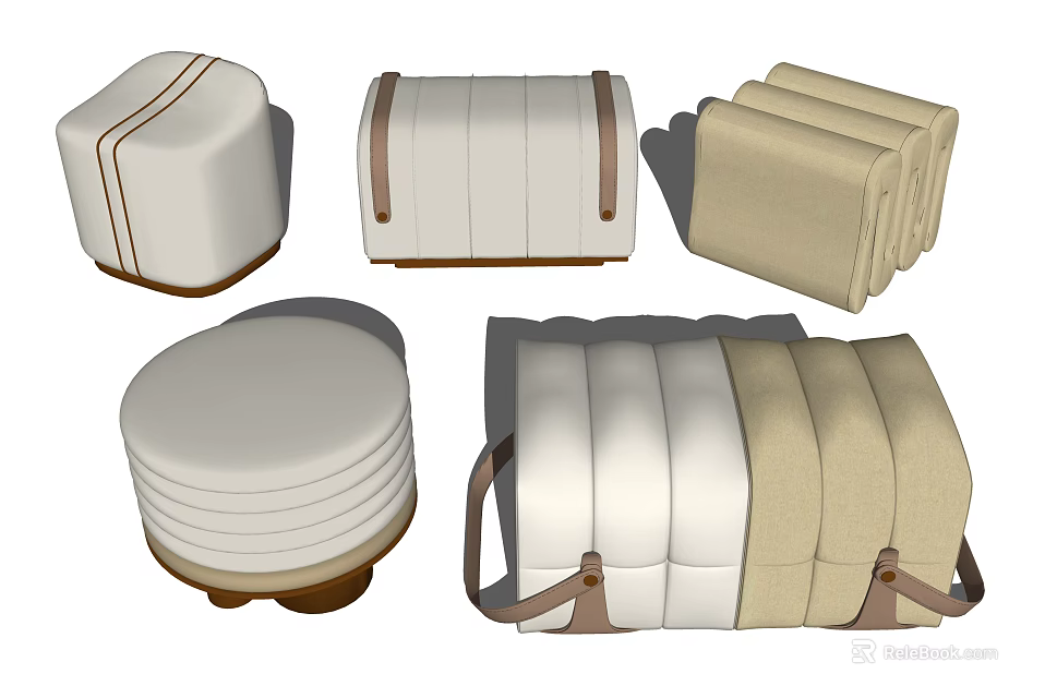 Upholstered Sofa Stools In Neutral Tones With Leather Straps And Stackable Design 3d model