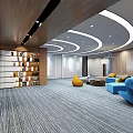 Modern Office Corridor Interior With Wooden Walls Glass Partitions And Ceiling Lights