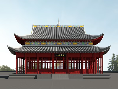 Ancient Chinese Architecture Featuring Red Pillars Black Tiled Roof And Overhanging Eaves 3d model