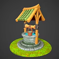 Traditional Garden Ornament With Wooden Roof Green Tiles Circular Stone Base Red Bucket And Grass