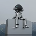 Silver Astronaut Doll Sitting On Metallic Cube With Mountain Trees Background 3d model