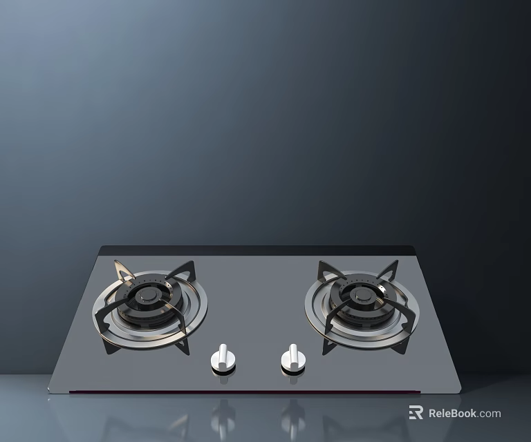 Modern Two Burner Gas Stove With Black Surface And Control Knobs 3d model
