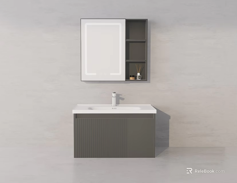 Minimalist Bathroom Vanity With White Countertop Gray Striped Cabinet Mirror And Open Shelves 3d model 
