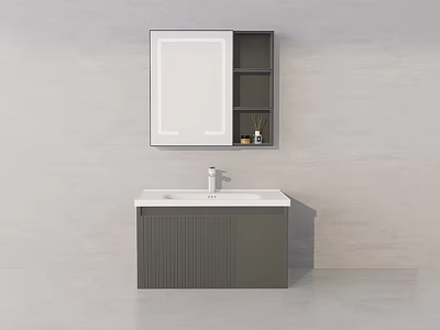 Minimalist Bathroom Vanity With White Countertop Gray Striped Cabinet Mirror And Open Shelves 3d model