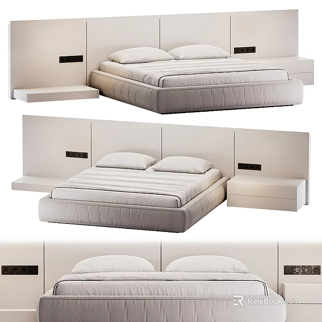Modern Bedroom Bed Interior With Upholstered Headboard Soft Mattress Pillows And Wooden Nightstand 3d model 