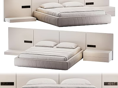 Modern Bedroom Bed Interior With Upholstered Headboard Soft Mattress Pillows And Wooden Nightstand 3d model