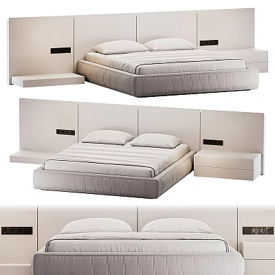 Modern Bedroom Bed Interior With Upholstered Headboard Soft Mattress Pillows And Wooden Nightstand 3d model