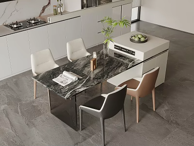 Modern Open Kitchen Interior Design With Marble Island Counter And White Cabinets 3d model