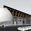 Modern Architectural Exterior Featuring Wooden Roof Frame Brick Wall And Green Trees