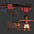 Colorful Street Stall With Red Canopy Hanging Items Blue Cloth Boy And Little Monkey