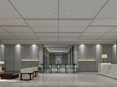 Modern Lobby Reception Area With Marble Front Desk Gray Walls And Recessed Lighting 3d model