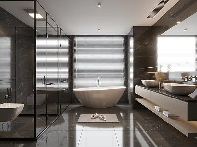 Modern Bathroom Interior With White Bathtub Double Vanity Glass Shower Enclosure And Window Blinds 3d model