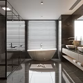 Modern Bathroom Interior With White Bathtub Double Vanity Glass Shower Enclosure And Window Blinds