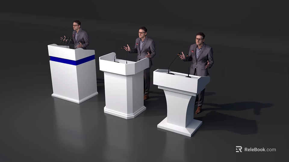 Stage Setup With Three White Podiums And Men In Suits Speaking With Microphones 3d model 