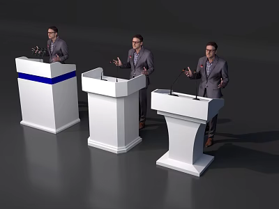 Stage Setup With Three White Podiums And Men In Suits Speaking With Microphones 3d model