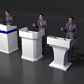 Stage Setup With Three White Podiums And Men In Suits Speaking With Microphones