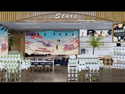 Specialty Store Interior Design With Scenic Mural Product Shelves Tables Chairs And Plants 3d model