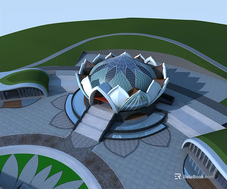 Lotus Shaped Building With Glass Dome And Petal Structure In Green Surroundings 3d model 