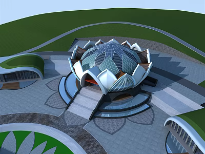 Lotus Shaped Building With Glass Dome And Petal Structure In Green Surroundings 3d model