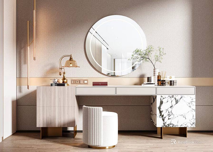 Modern Dressing Table with Round Mirror Table Lamp Marble Countertop White Stool and Gold Accents 3d model 