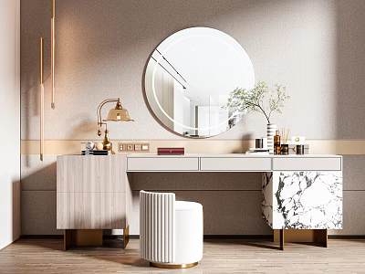 Modern Dressing Table with Round Mirror Table Lamp Marble Countertop White Stool and Gold Accents 3d model
