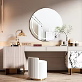 Modern Dressing Table with Round Mirror Table Lamp Marble Countertop White Stool and Gold Accents