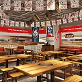 Chinese Style Beef Theme Restaurant Featuring Red Decor Wooden Barrels And Dining Counter
