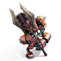 Futuristic Game Movie Character In Red Mechanical Armor With Spiked Spear Yellow Mask Green Eye