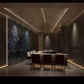 Modern Luxury Restaurant Interior With Marble Walls Bonsai Tree Pendant Light And Artwork